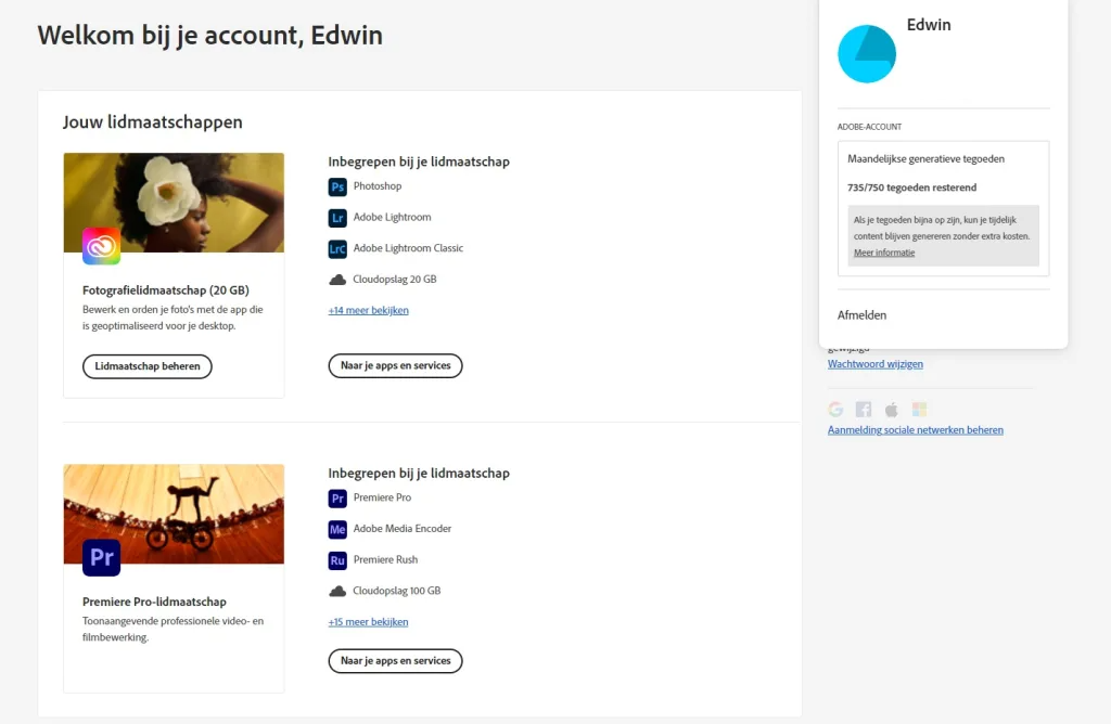 Een screenshot van mijn account met aan de rechterkant de resterende credits voor deze maand.