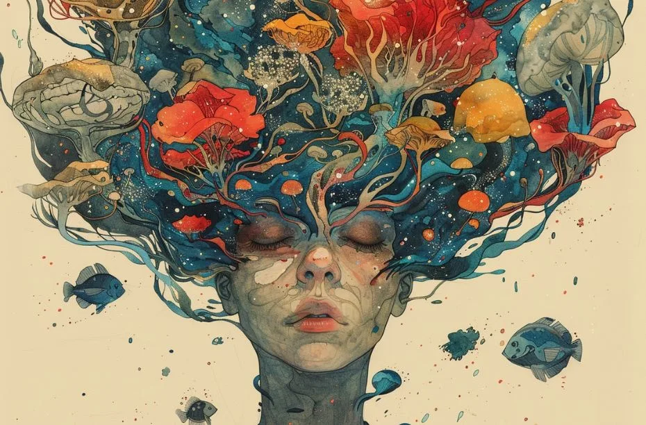 Brainstorm content in ChatGPT mindmap maken - illustratie van een vrouw die aan het nadenken is artistiek