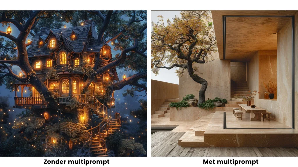 Een voorbeeld van multiprompt in Midjourney - treehouse en tree house