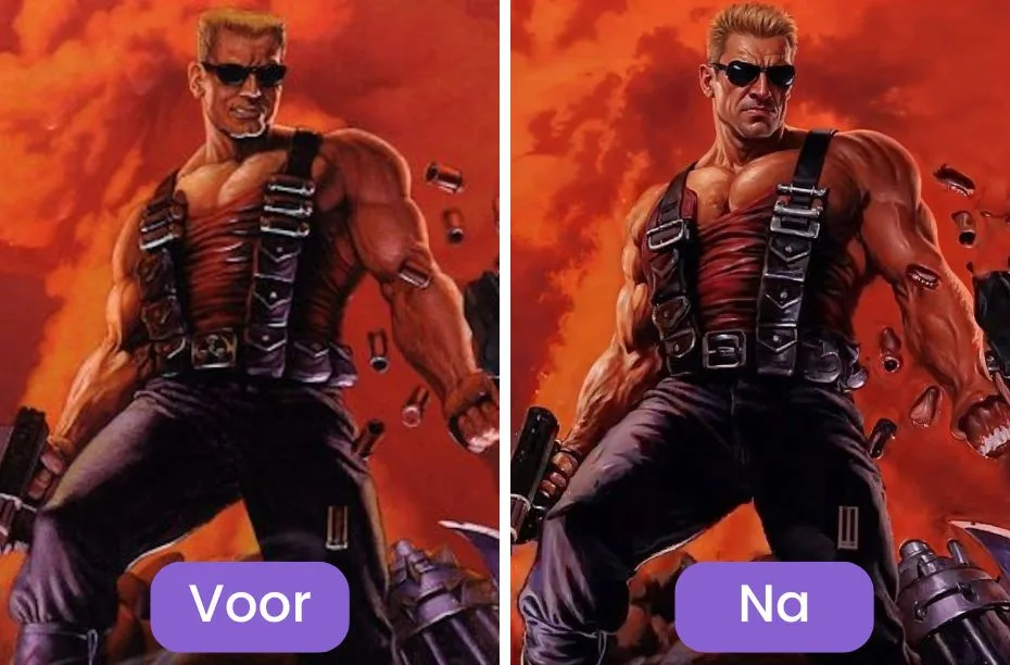 Voor en na Magnific enhancer voorbeeld Duke Nukem