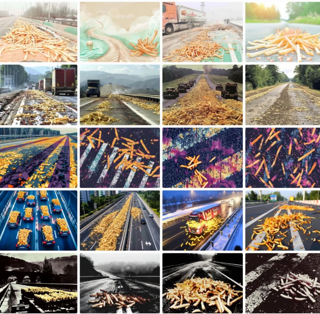 Voorbeeld --sref random midjourney friet op de weg 1sref random midjourney friet op de weg 1