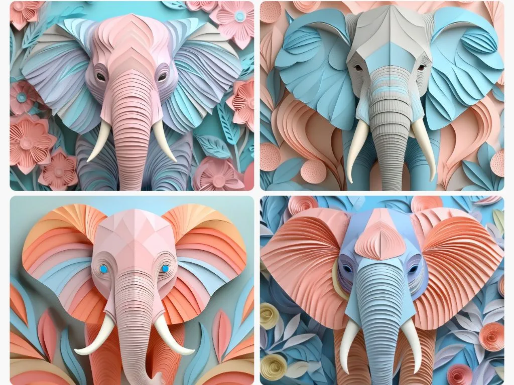 Voorbeeld upscaling, prompt met vier resultaten olifant gelaagd papier