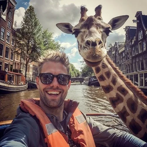 amateur photo, man 45 riding with a giraffe in a boat in the canals of Amsterdam, shot in selfie mode posted to Facebook 2014