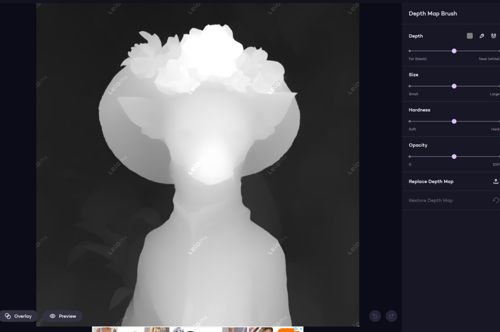 Een depth map in LeiaPix, die je kan bewerken van een hond